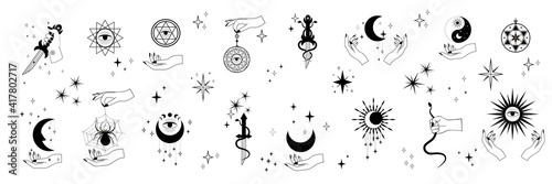 Vector set of mystical and astrological symbols and signs. Magic linear silhouettes isolated on white background.