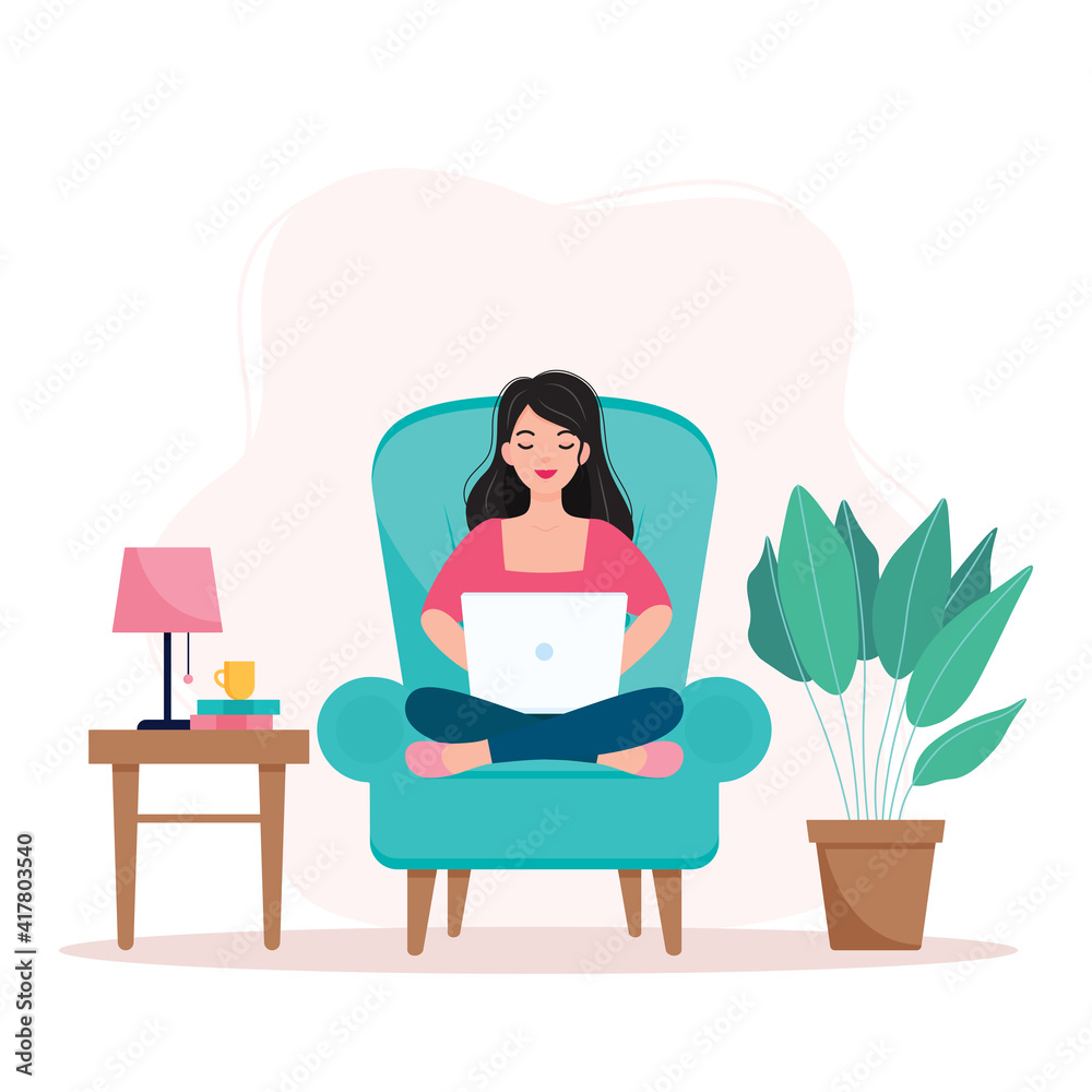 Girl sitting on an armchair and working from home, student or freelancer. Home office concept. Flat vector illustration. Girl sitting on an armchair and working from home, student or freelancer. Home office concept. Flat vector illustration.