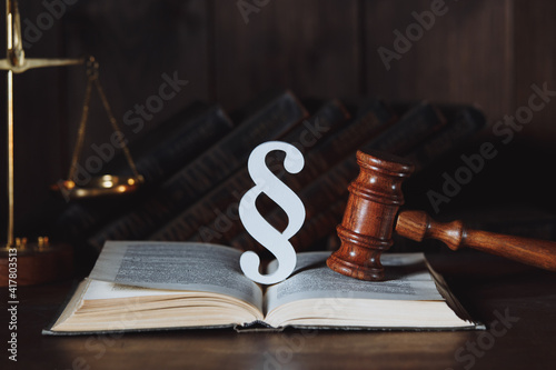 Wooden gavel and paragraph sign on book.