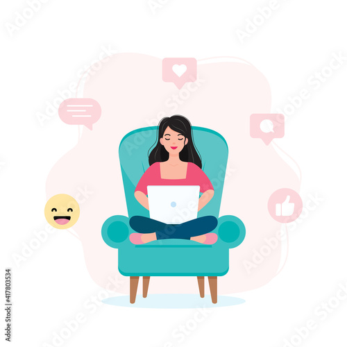 Girl sitting on an armchair, surfing on the internet, and using social media. Working from home, student, blogger, or freelancer. Home office concept. Flat vector illustration.