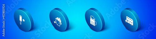 Set Isometric Wood cricket bat and ball, Wooden beer mug, Double decker bus and Sherlock Holmes icon. Vector.