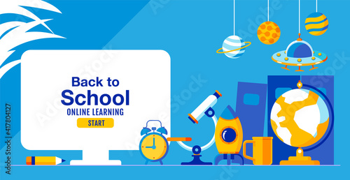 Back to school, Online Learning, child, kids, social distancing, flat design, vector illustration.