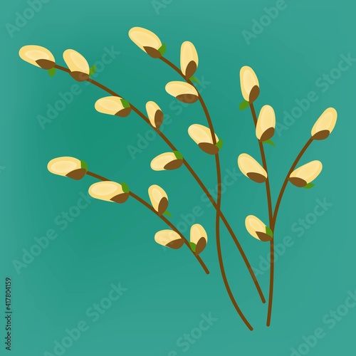 Spring branch of pussy willow on a green background. Cartoon easter bouquet. Vector composition for registration of congratulations of postcards for Palm Sunday.