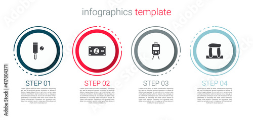 Set Wood cricket bat and ball, Pound sterling money, Tram railway and Stonehenge. Business infographic template. Vector.