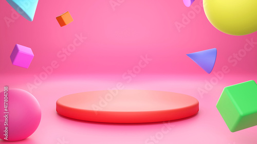 Colorful geometry stage  on pink background 3d rendering.