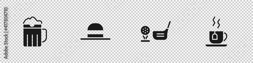 Set Wooden beer mug, Elegant women hat, Golf club with ball on tee and Cup of tea tea bag icon. Vector.