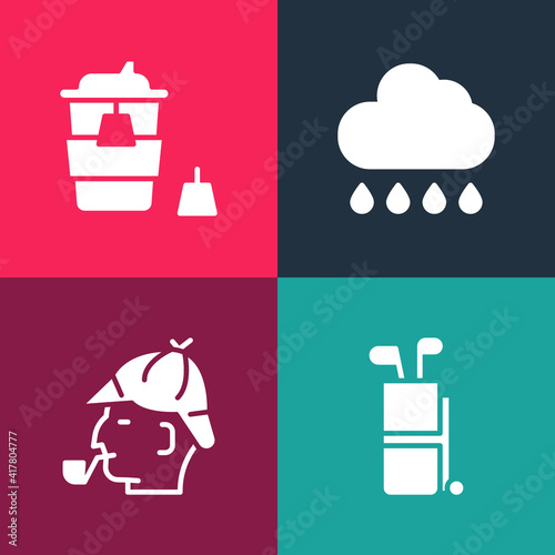 Set pop art Golf bag with clubs, Sherlock Holmes, Cloud rain and Coffee cup to go icon. Vector.