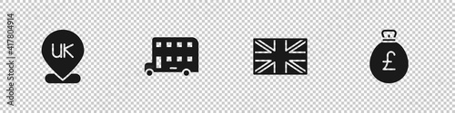 Set Location England, Double decker bus, Flag of Great Britain and Money bag with pound icon. Vector.