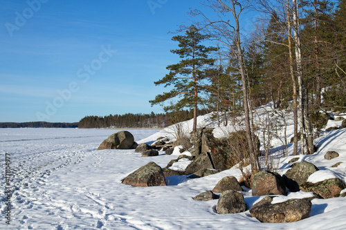 sunny Lake Saimaa early spring sceneryin Lappeenranta Finland photo