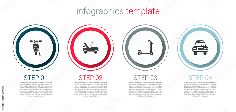 Set Scooter, Tow truck, and Police car and flasher. Business infographic template. Vector. Set Scooter, Tow truck, and Police car and flasher. Business infographic template. Vector.
