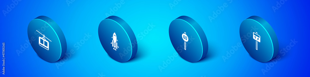 Set Isometric Cable car, Speed limit traffic, Road signpost and Rocket ship with fire icon. Vector. Set Isometric Cable car, Speed limit traffic, Road signpost and Rocket ship with fire icon. Vector.