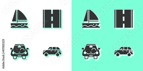 Set Hatchback car, Yacht sailboat, Car and Road icon. Vector.