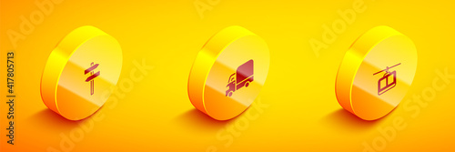 Set Isometric Road traffic signpost, Delivery cargo truck and Cable icon. Vector.