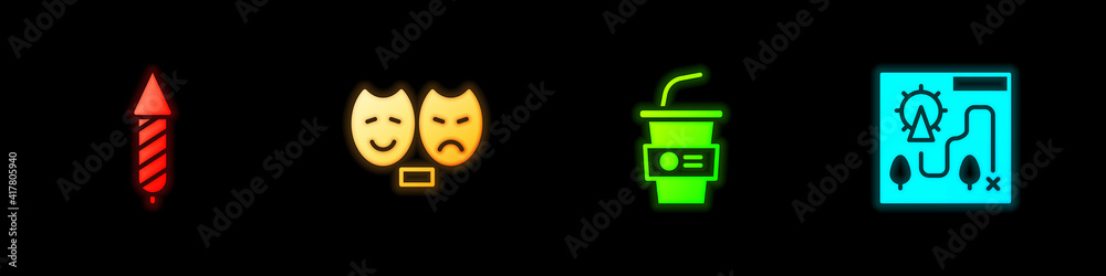 Set Firework rocket, Comedy and tragedy masks, Paper glass with water and Amusement park map icon. Vector. Set Firework rocket, Comedy and tragedy masks, Paper glass with water and Amusement park map icon. Vector.