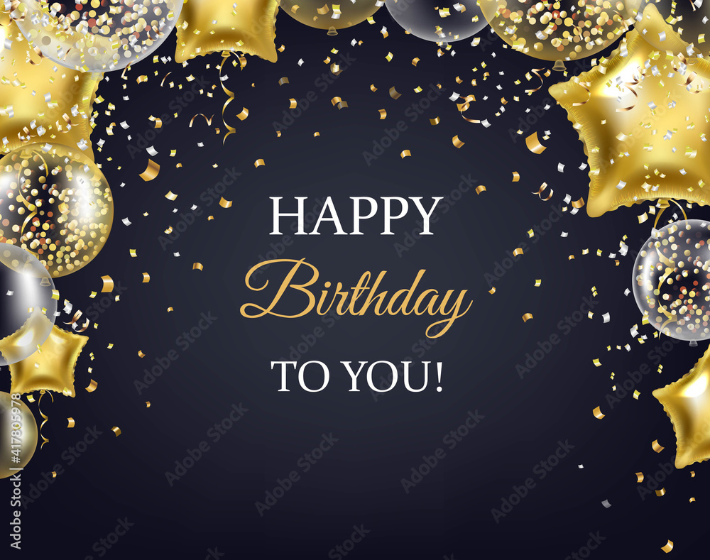 Happy Birthday Card With White And Golden Balloons With Gradient Mesh ...