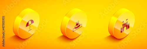 Set Isometric Sun protective umbrella, Fountain and Castle icon. Vector.