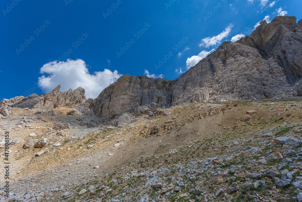 Bottom view on the imposing western face of Mount Settsass, Dolomites, Italy