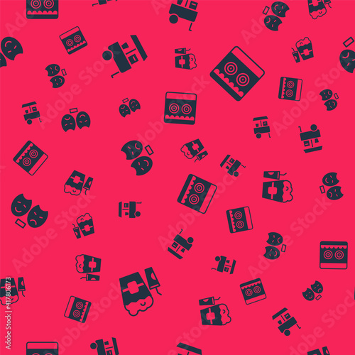 Set Popcorn in box and glass, Fast street food cart, Comedy tragedy masks and Shooting gallery on seamless pattern. Vector.