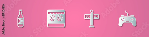 Set paper cut Bottle of water, Shooting gallery, Road traffic signpost and Gamepad icon. Paper art style. Vector.