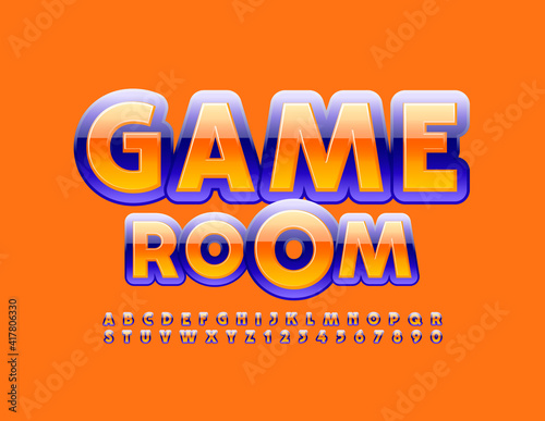 Vector playful sign Game Room. Bright glossy Font. Set of creative Alphabet Letters and Numbers