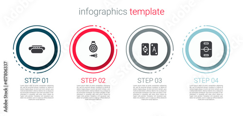 Set Hotdog, Classic dart board and arrow, Tarot cards and Hockey table. Business infographic template. Vector.