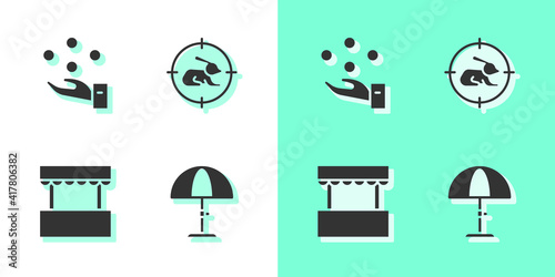 Set Sun protective umbrella, Juggling ball, Ticket box office and Hunt on rabbit with crosshairs icon. Vector.