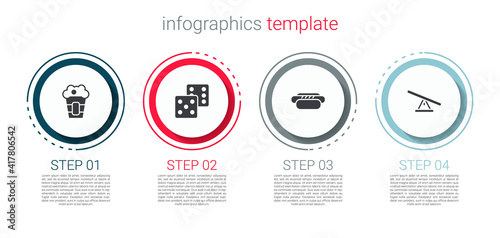 Set Popcorn in box, Game dice, Hotdog and Seesaw. Business infographic template. Vector.