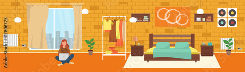Girl with laptop in bedroom on the floor. Freelance or studying concept. Illustration in flat style. Vector illustration of freelance work. Woman work online, teleworking. 