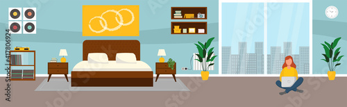 Girl with laptop in bedroom on the floor. Freelance or studying concept. Illustration in flat style. Vector illustration of freelance work. Woman work online, teleworking. 