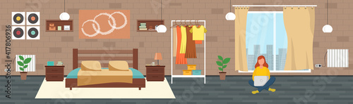 Girl with laptop in bedroom on the floor. Freelance or studying concept. Illustration in flat style. Vector illustration of freelance work. Woman work online, teleworking. 
