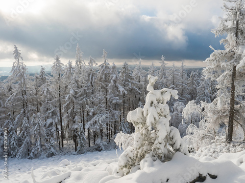 Beatiful winter landscape, view of Cakova vyhlidka viewpoint at fields, forest, villages and snowy spruce tree with snow covered branches. Brdy Mountains, Hills in central Czech Republic, sunny day