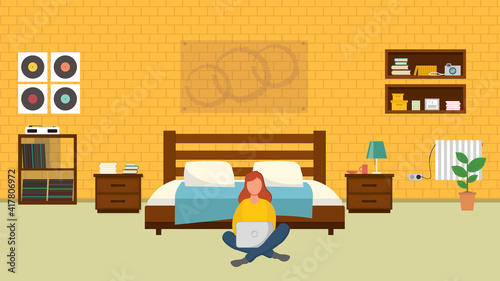 Girl with laptop in bedroom on the floor. Freelance or studying concept. Illustration in flat style. Vector illustration of freelance work. Woman work online, teleworking. 