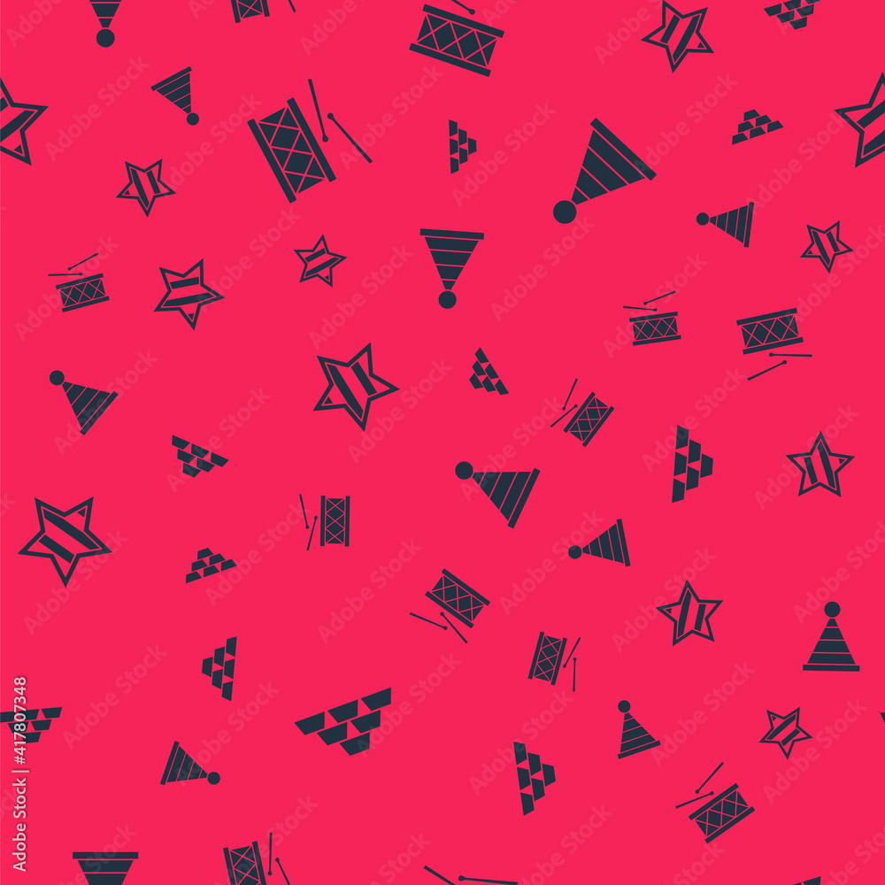 Obraz premium Set Gold bars, Drum and drum sticks, USA Independence day and Party hat on seamless pattern. Vector.
