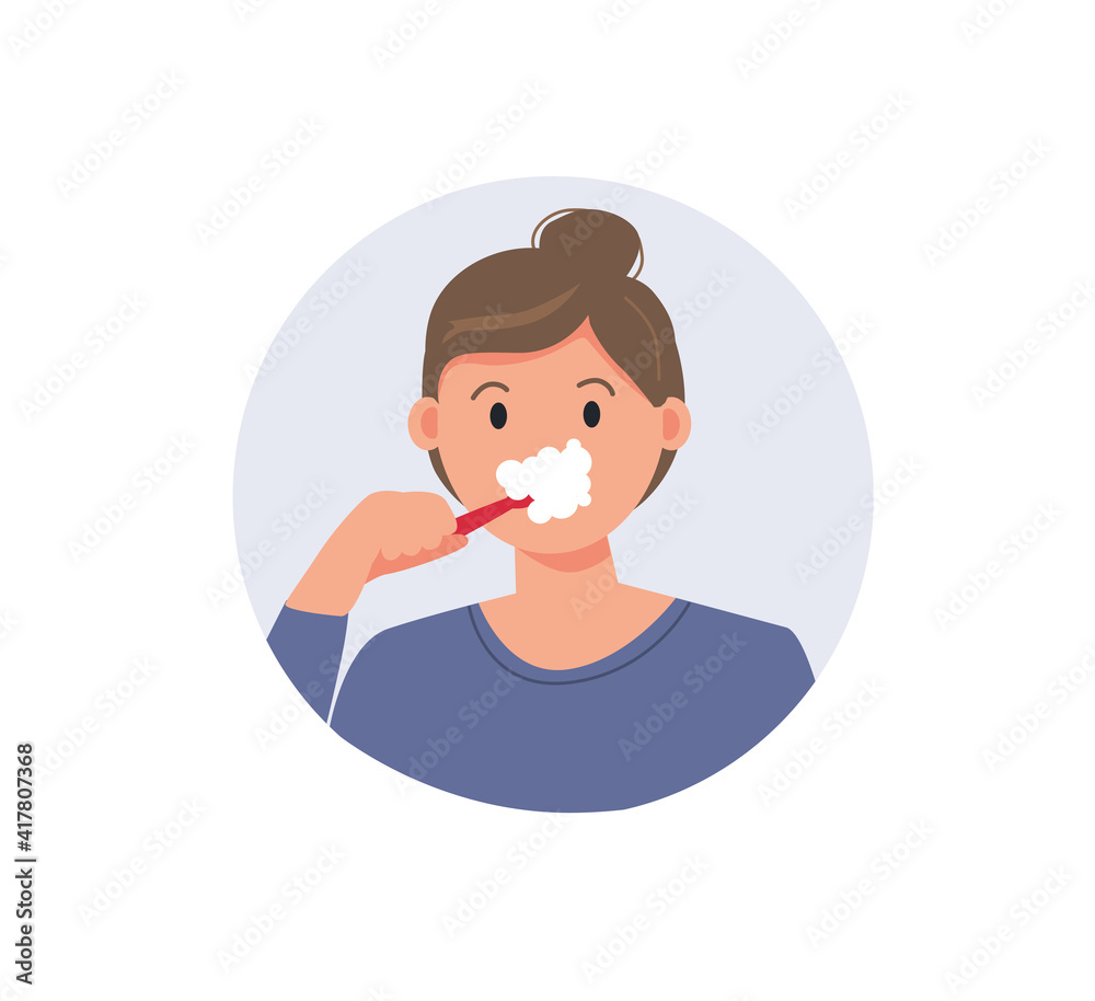 Woman brushing teeth with toothbrush. Dental care and hygiene. Flat vector illustration