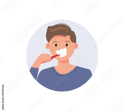 Man brushing teeth with toothbrush. Dental care and hygiene. Flat vector illustration
