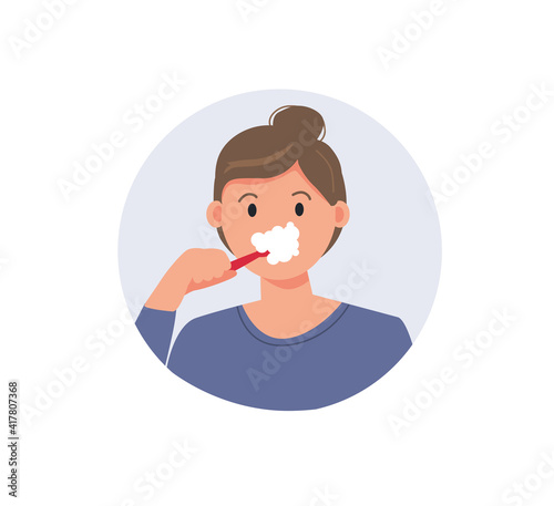 Woman brushing teeth with toothbrush. Dental care and hygiene. Flat vector illustration