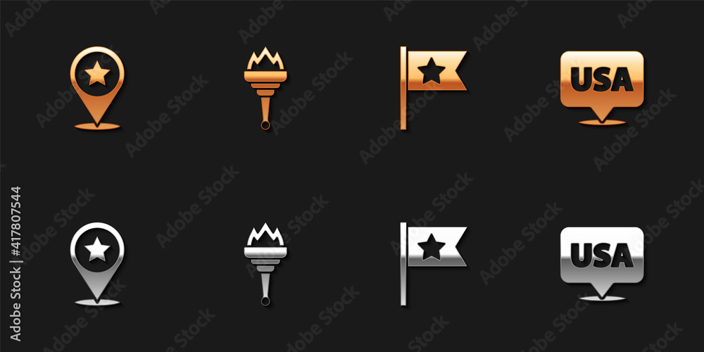 Set USA Independence day, Torch flame, American flag and icon. Vector. Set USA Independence day, Torch flame, American flag and icon. Vector.