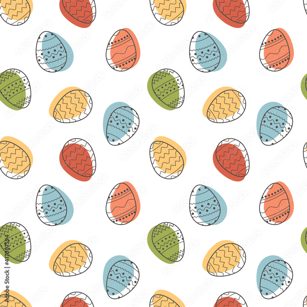 Square greeting card Happy Easter with decorated eggs on white background. Festive banner template with trendy outlined geometric pattern with black line on Easter Eggs. Flat Vector illustration. Square greeting card Happy Easter with decorated eggs on white background. Festive banner template with trendy outlined geometric pattern with black line on Easter Eggs. Flat Vector illustration.