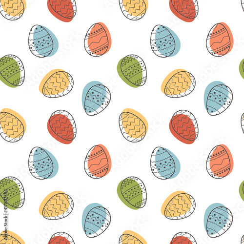 Square greeting card Happy Easter with decorated eggs on white background. Festive banner template with trendy outlined geometric pattern with black line on Easter Eggs. Flat Vector illustration.