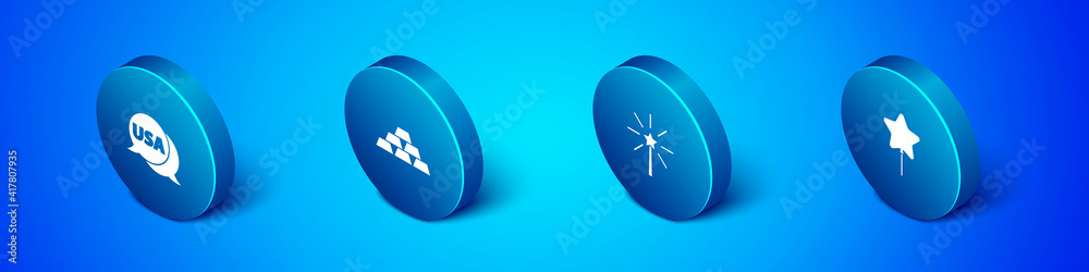 Set Isometric USA label, Firework, Balloon and Gold bars icon. Vector. Set Isometric USA label, Firework, Balloon and Gold bars icon. Vector.