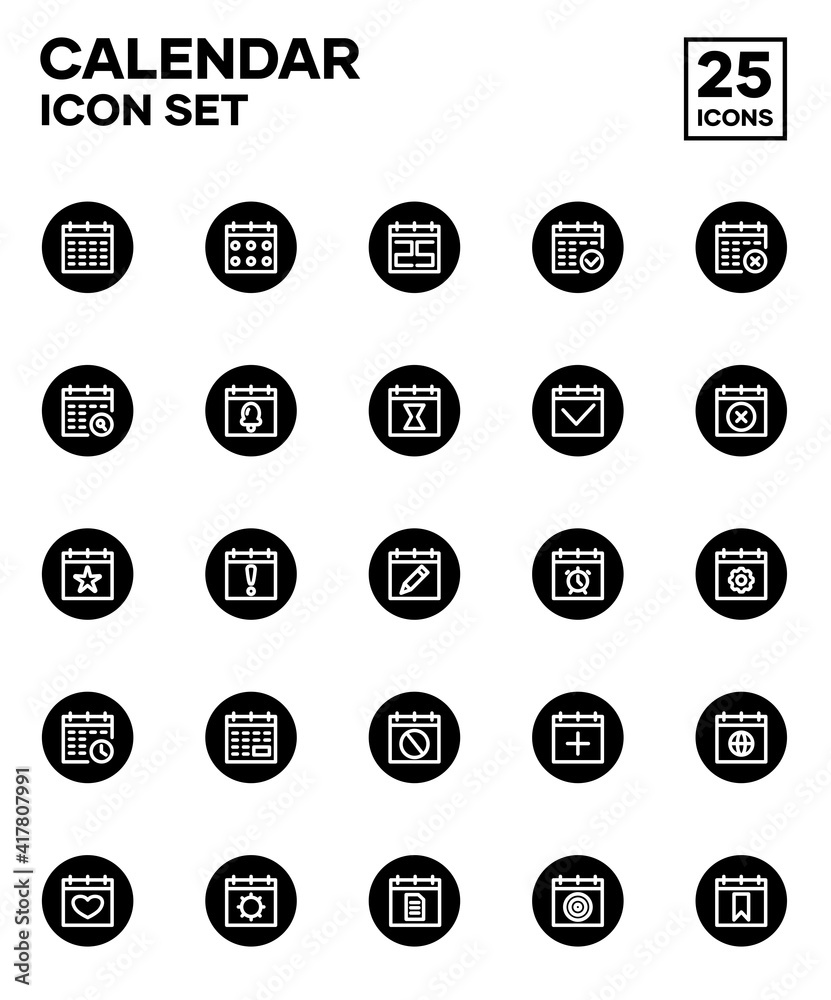 Calendar icon set with rounded filled style. Including reminders, schedules, alarms, and events in calendar form. Editable stroke vector