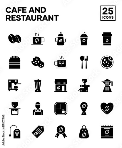 Set of Cafe and Restaurant icons with glyph style. Including coffee beans, coffee shop, pizza, tea, and snacks. Editable stroke vector