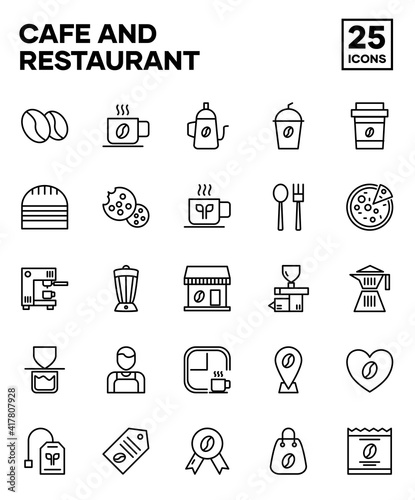 Set of Cafe and Restaurant icons with outline style. Including coffee beans, coffee shop, pizza, tea, and snacks. Editable stroke vector