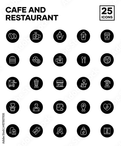 Set of Cafe and Restaurant icons with rounded filled style. Including coffee beans, coffee shop, pizza, tea, and snacks. Editable stroke vector