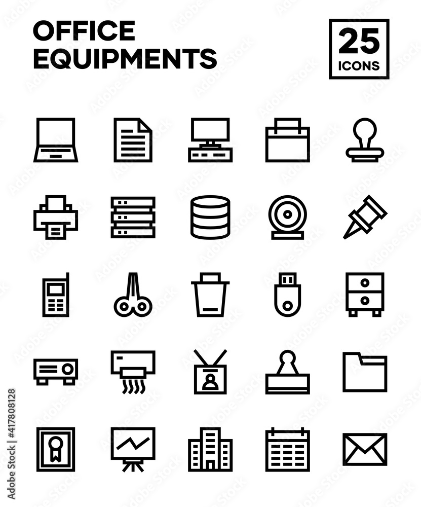 Office material icon set with line style. Including computers, laptops, printers, air conditioners, consoles, and office tools. Editable stroke vector