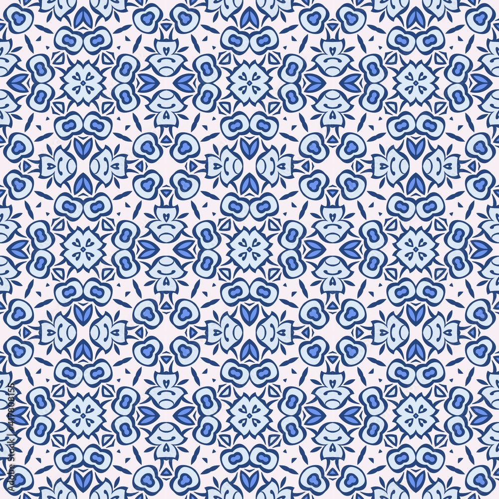 Trendy bright color abstract seamless pattern in white blue for decoration, paper, tiles, textiles, carpet, pillows. Home decor, interior design.