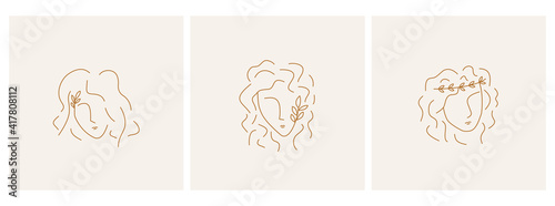 Set of trendy outline abstract woman faces or portraits with leaves and wreath. Greek or greece modern style. Vector illustration, template, logo emblem design. Editable stroke.