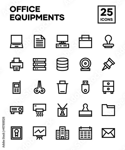 Office material icon set with line style. Including computers, laptops, printers, air conditioners, consoles, and office tools. Editable stroke vector