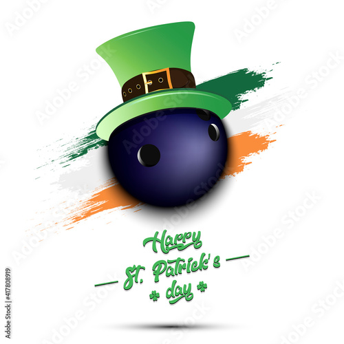 Happy St. Patricks day. Bowling ball in leprechaun hat the background of the Irish flag. Pattern for greeting card, logo, banner, poster, party invitation. Vector illustration
