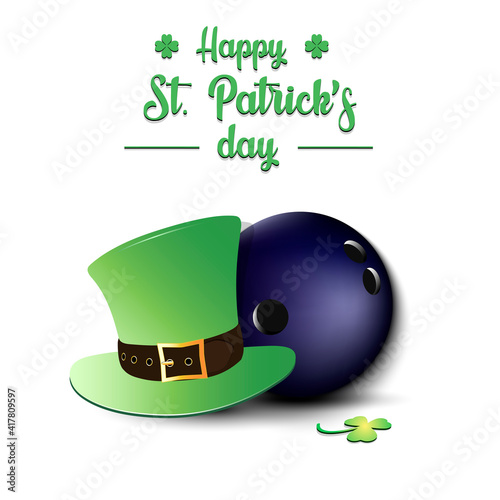 Happy St. Patricks day. Bowling ball and leprechaun hat on an isolated background. Pattern for greeting card, logo, banner, poster, party invitation. Vector illustration